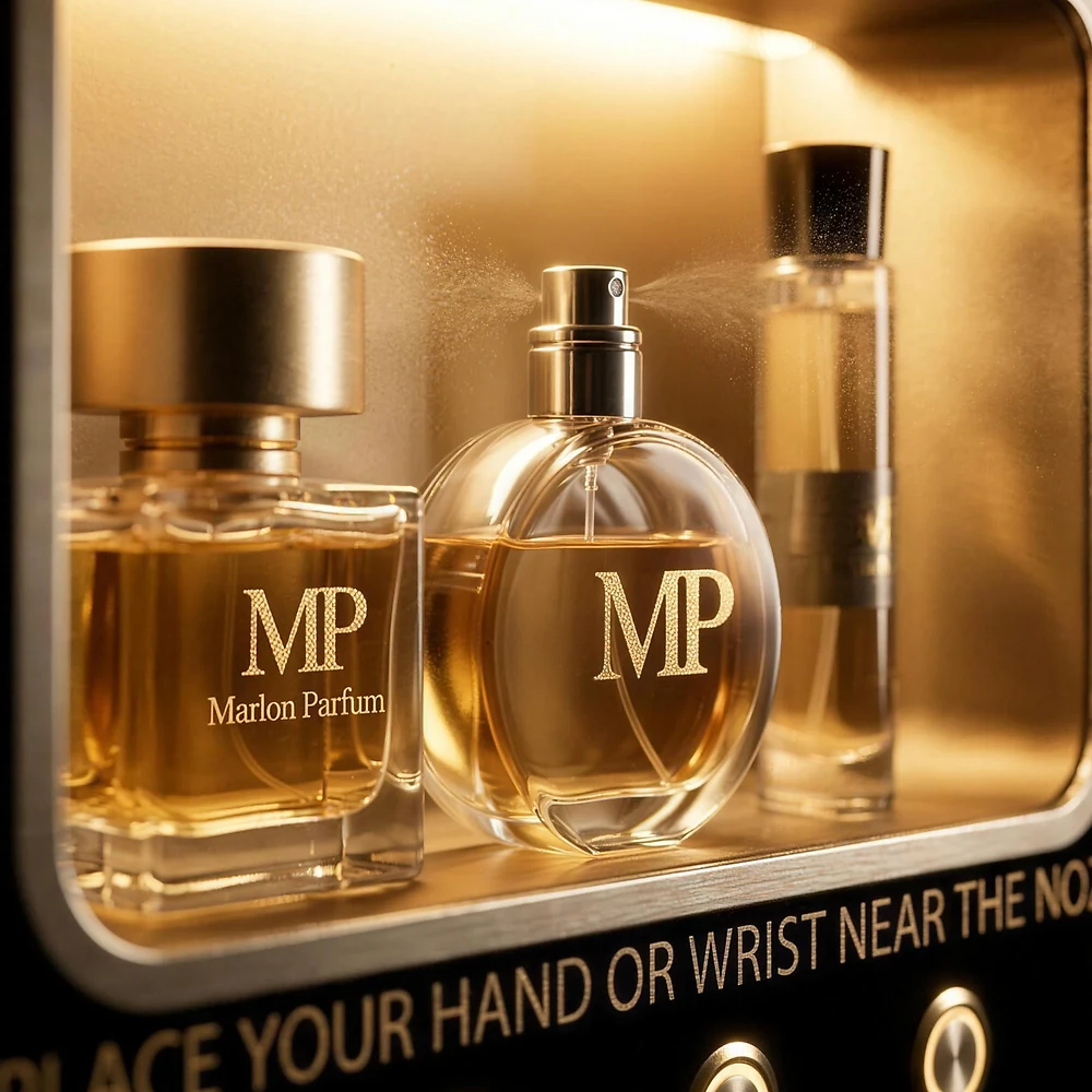 Detail van de MP-flacons in de verlichte vitrine