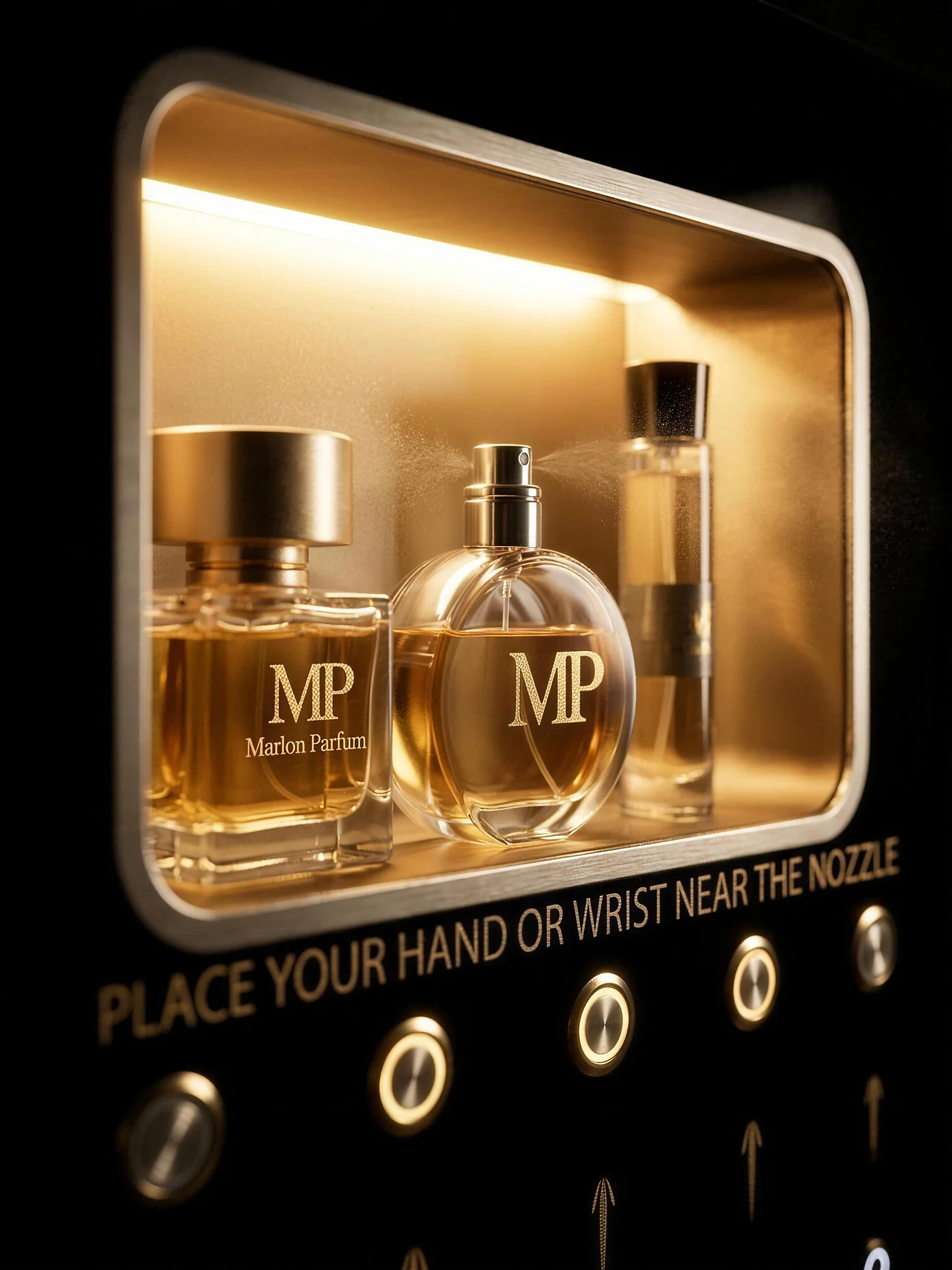 Detail van de verlichte vitrine met MP-flacons