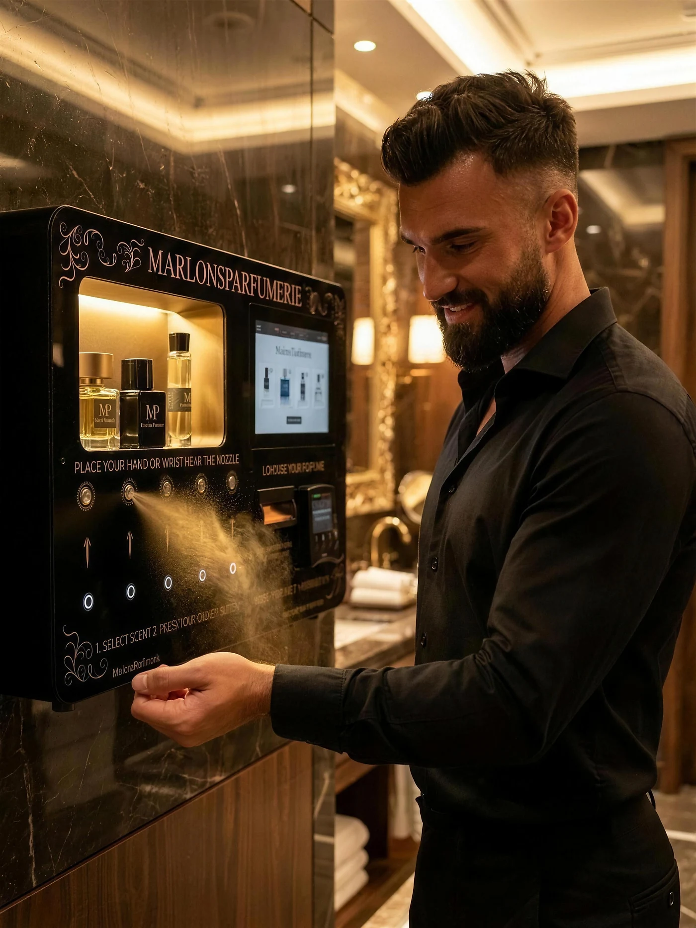 Marlon gebruikt de parfum-dispenser op locatie